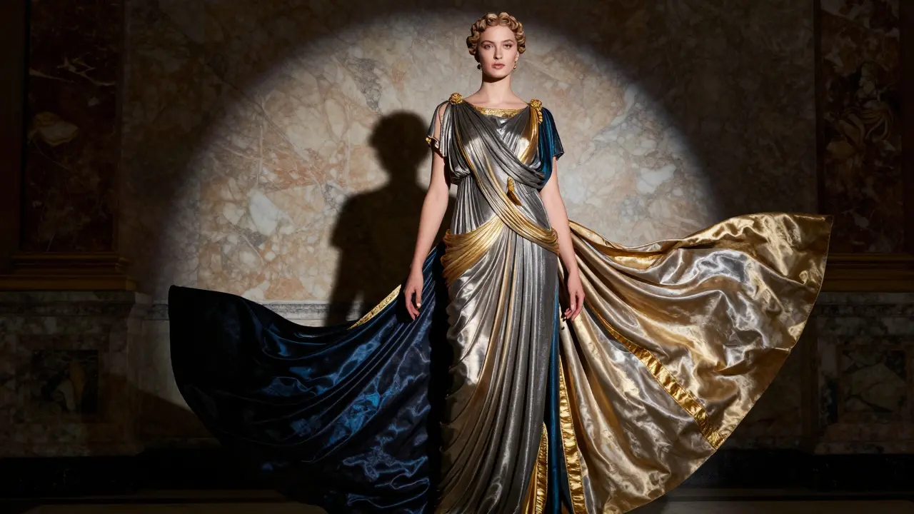 Model in draped gown with gold accents standing before marble columns.