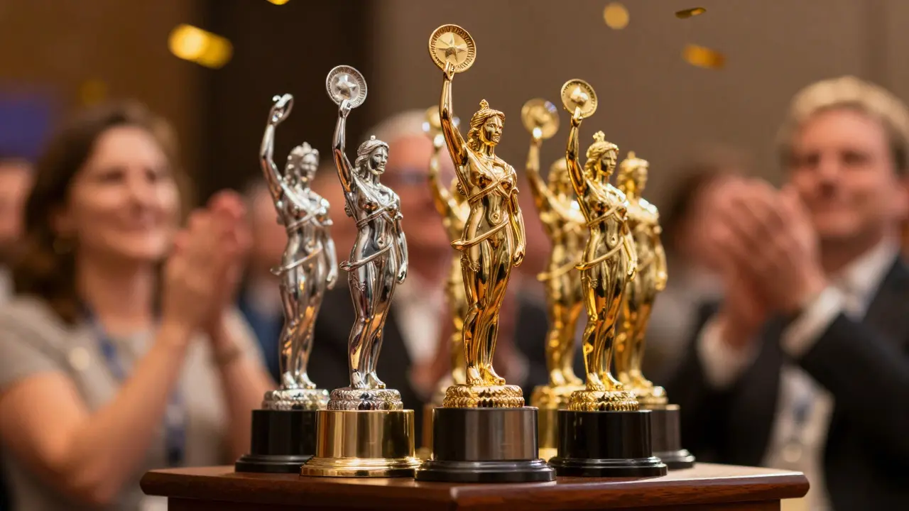 Ornate award trophies on a podium reflecting golden stage lights and confetti.