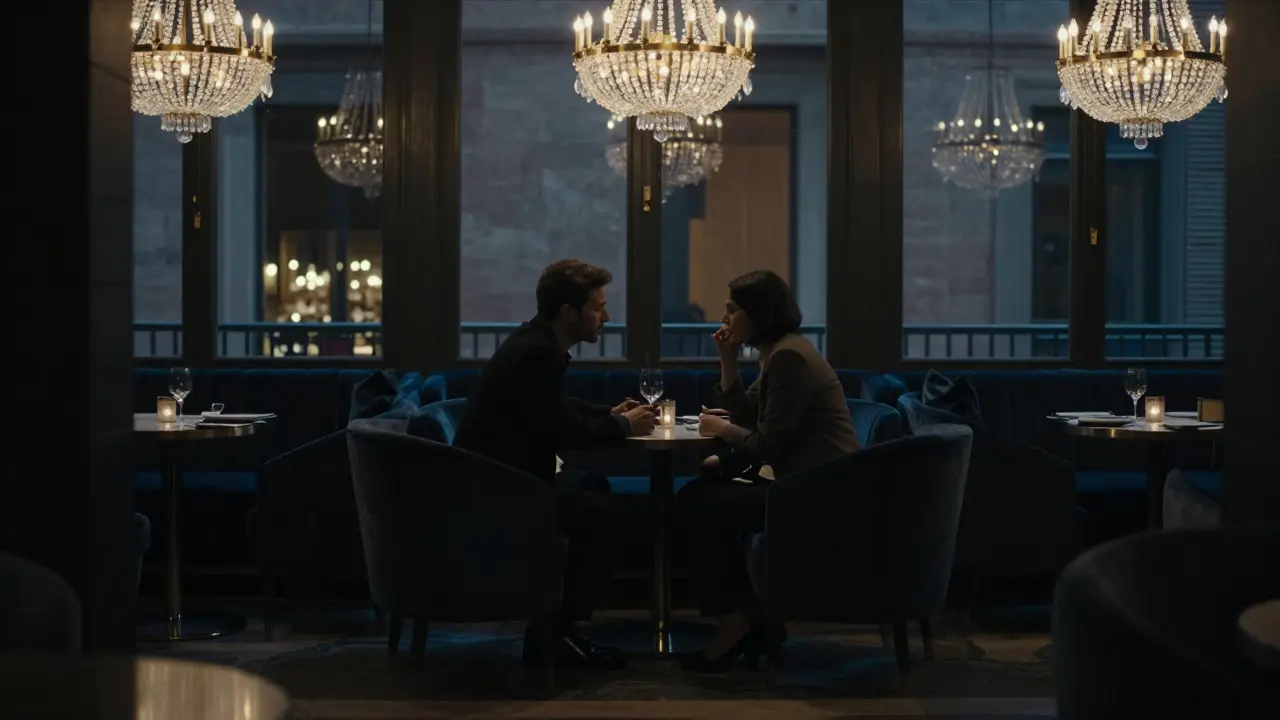 Silhouetted figures conversing in a dark upscale private club lounge.
