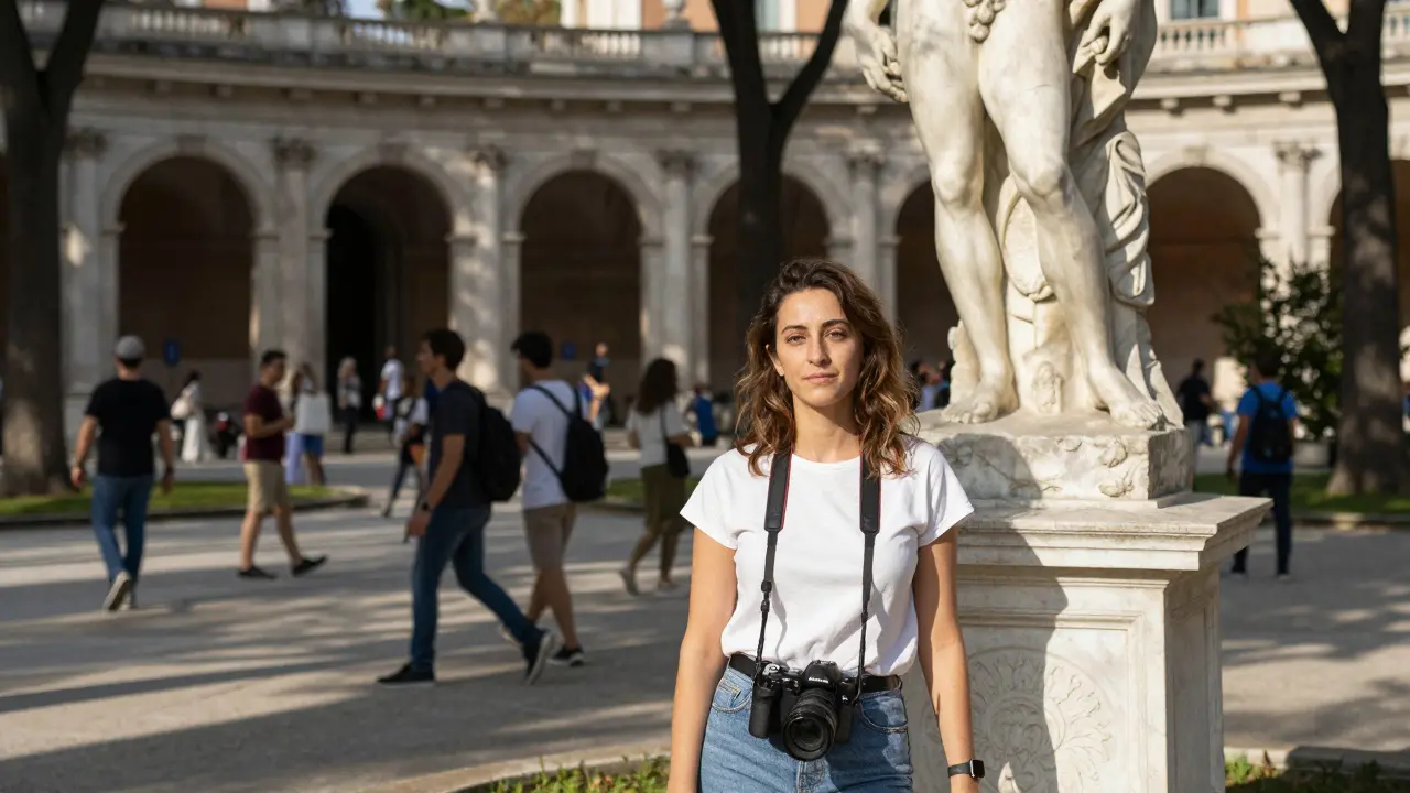 Tory Lane posing naturally beside a Roman statue in Borghese Gardens, sunlight filtering through trees, tourists blurred in background.
