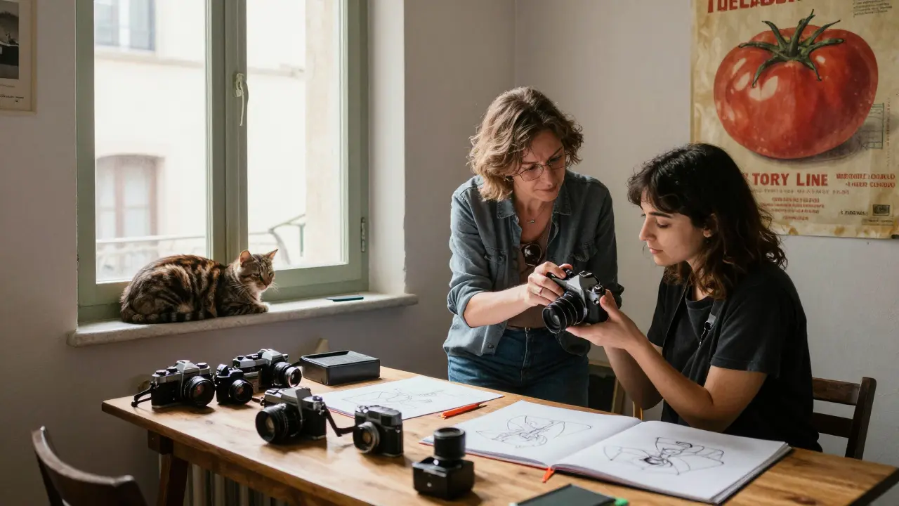 Tory teaching a young woman photography in a sunlit Rome studio, vintage cameras and a cat on the windowsill, quiet mentorship in focus.