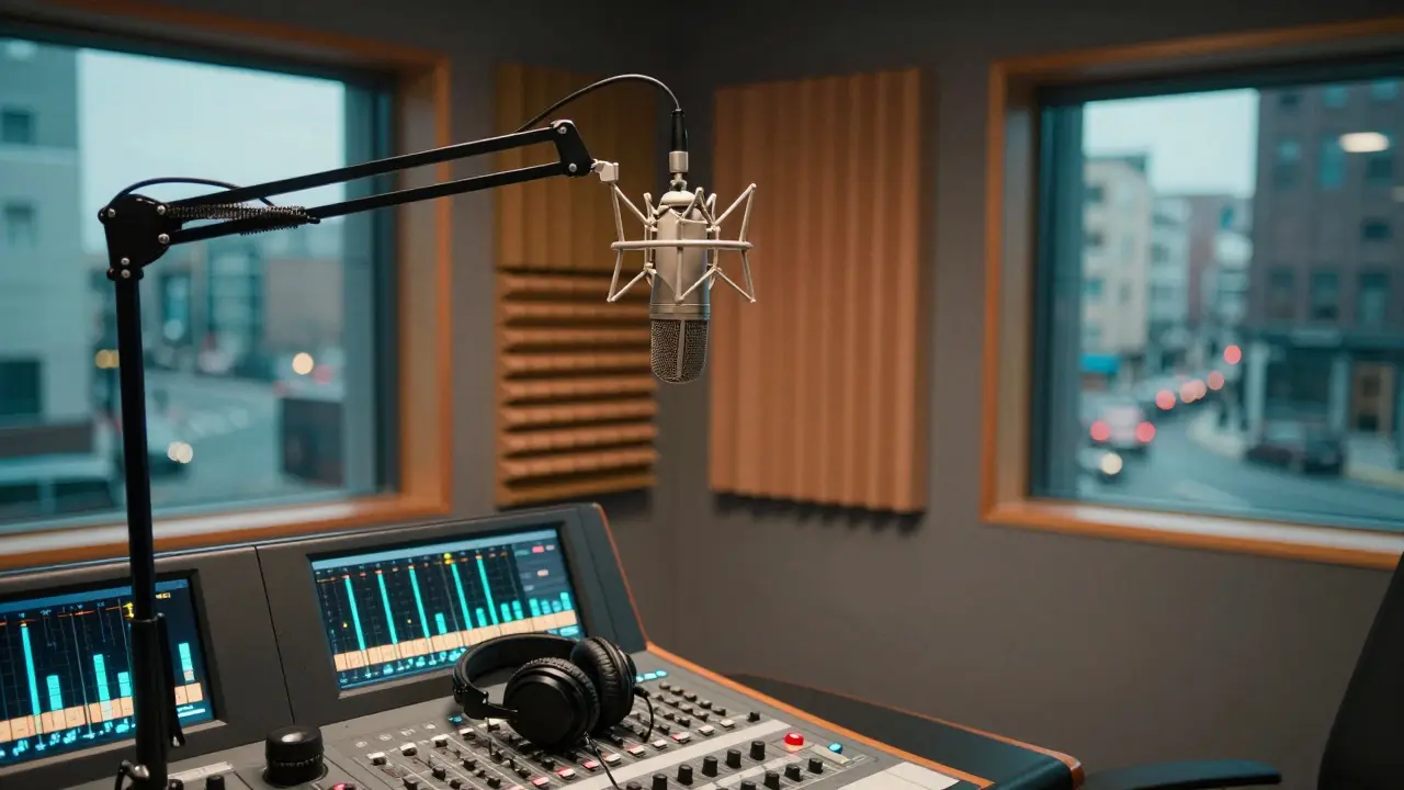 Vintage radio microphone and headphones in a modern soundproofed broadcast studio.